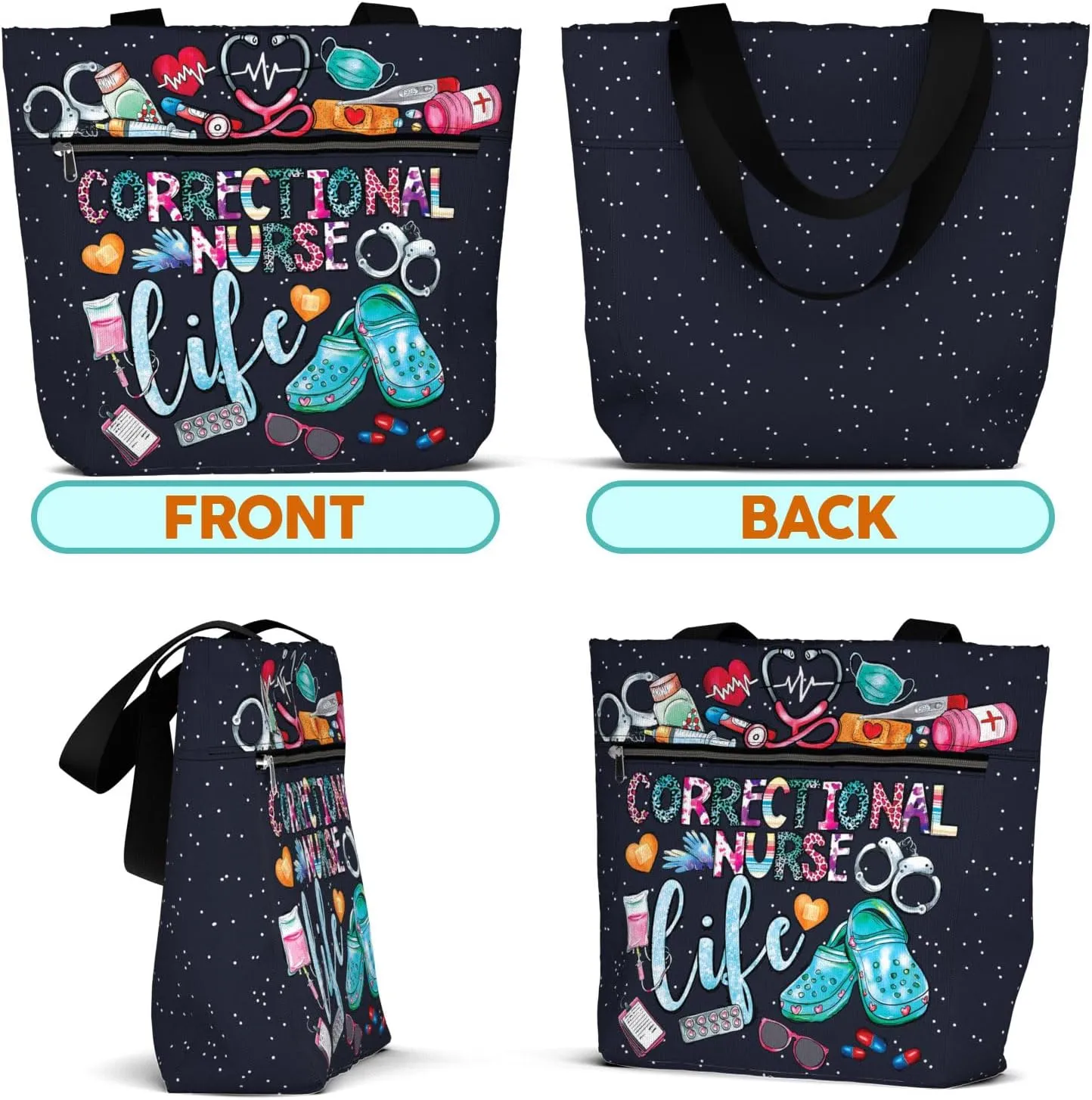 84hoods Large Waterproof Tote Bag with Pockets and Zipper for Work. Gift for Nurse. Shoulder Bag for Women.