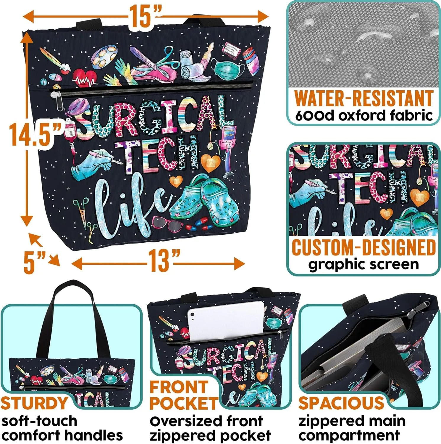 84hoods Large Waterproof Tote Bag with Pockets and Zipper for Work. Gift for Nurse. Shoulder Bag for Women.
