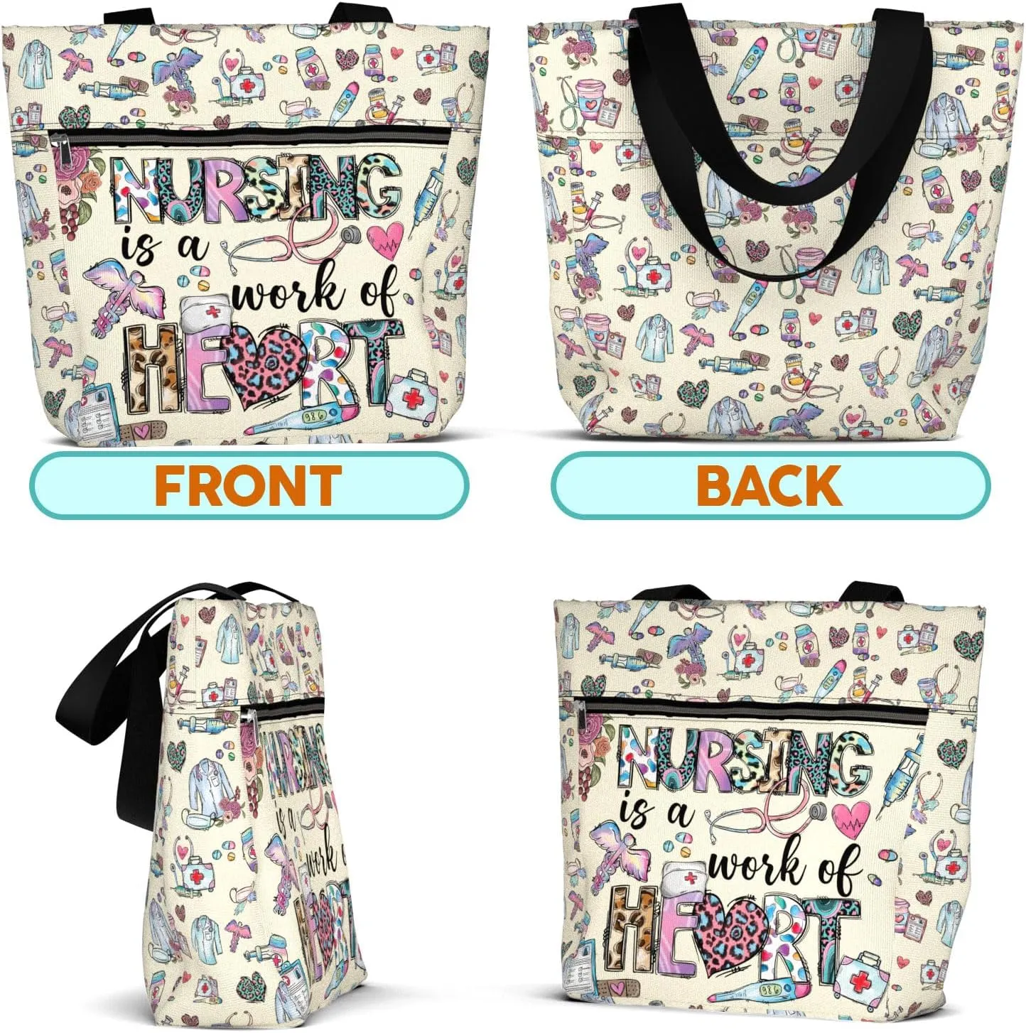 84hoods Large Waterproof Tote Bag with Pockets and Zipper for Work. Gift for Nurse. Shoulder Bag for Women.