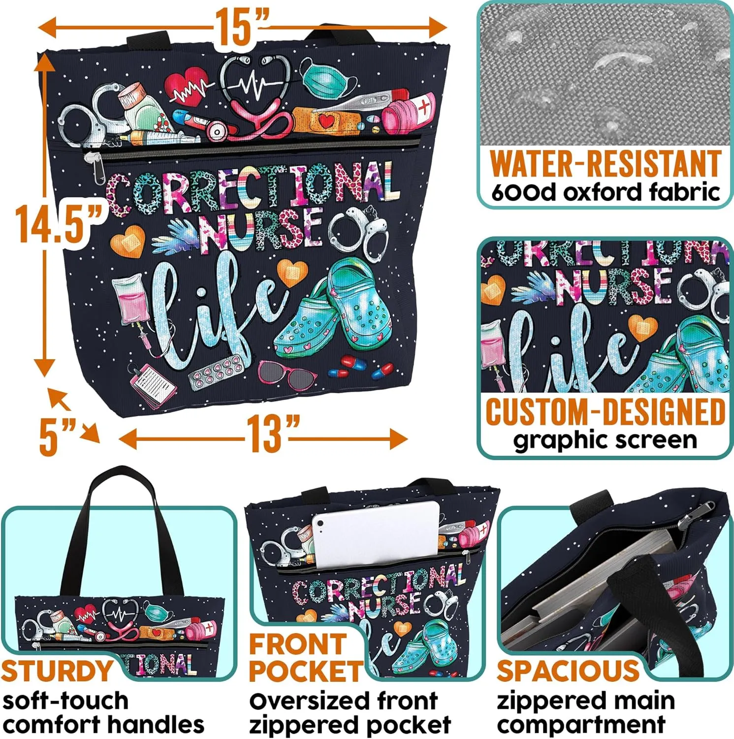 84hoods Large Waterproof Tote Bag with Pockets and Zipper for Work. Gift for Nurse. Shoulder Bag for Women.