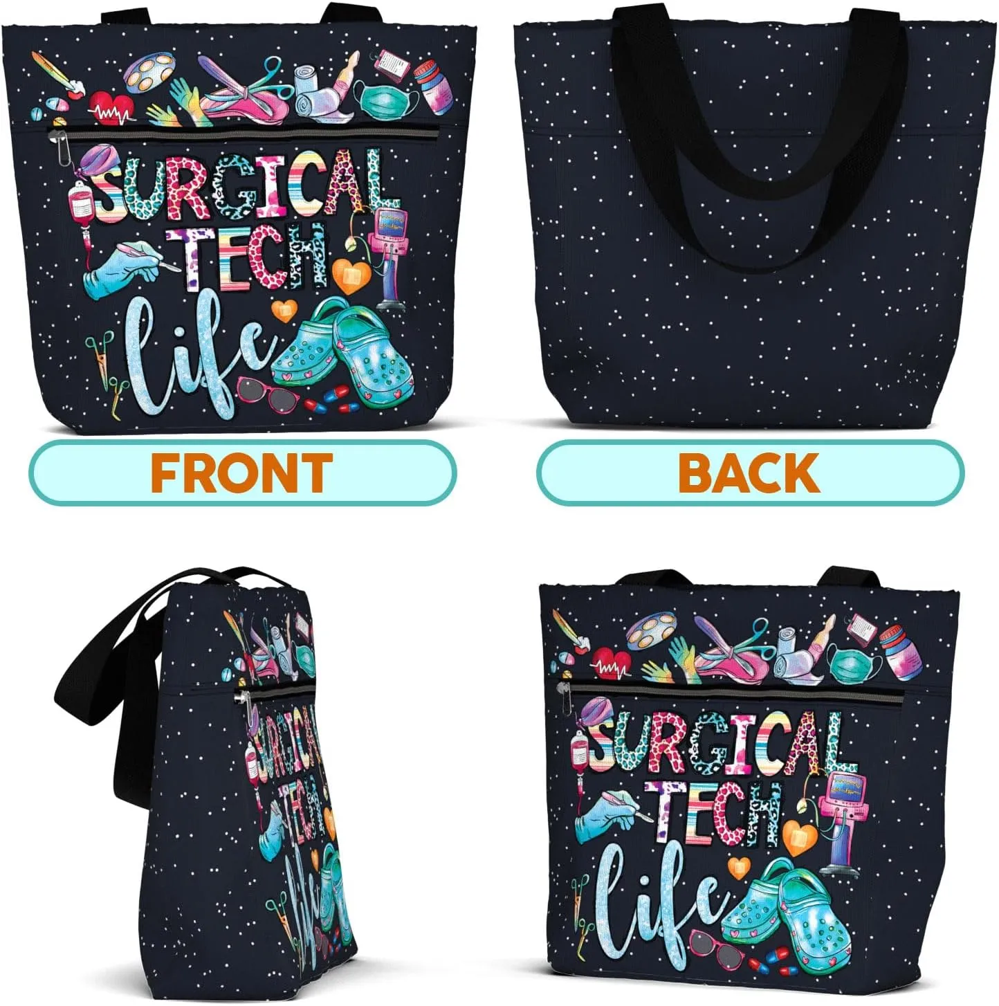 84hoods Large Waterproof Tote Bag with Pockets and Zipper for Work. Gift for Nurse. Shoulder Bag for Women.
