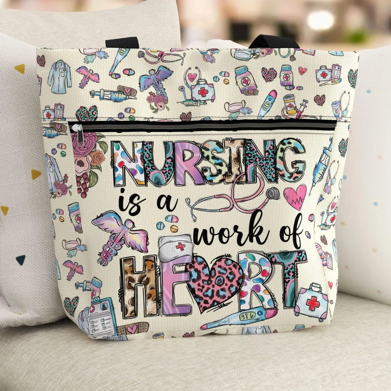 84hoods Large Waterproof Tote Bag with Pockets and Zipper for Work. Gift for Nurse. Shoulder Bag for Women.