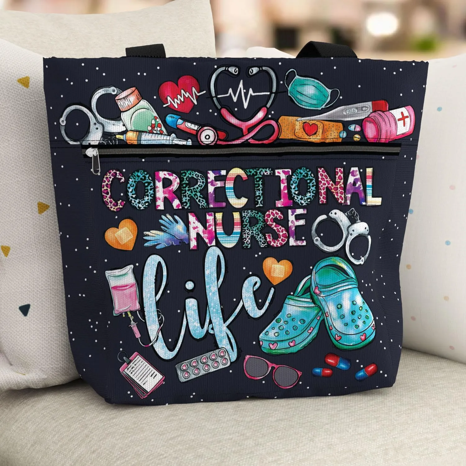 84hoods Large Waterproof Tote Bag with Pockets and Zipper for Work. Gift for Nurse. Shoulder Bag for Women.