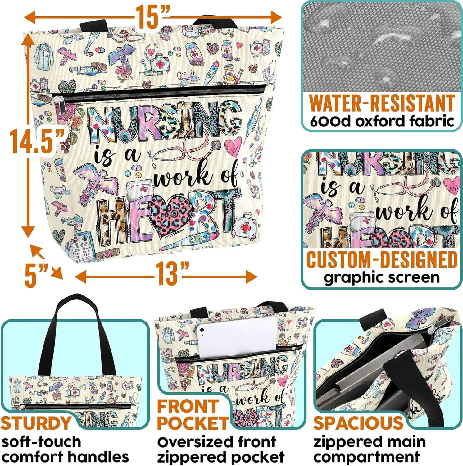 84hoods Large Waterproof Tote Bag with Pockets and Zipper for Work. Gift for Nurse. Shoulder Bag for Women.