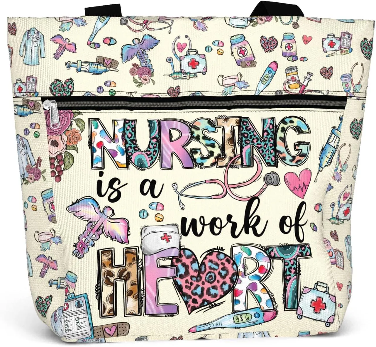 84hoods Large Waterproof Tote Bag with Pockets and Zipper for Work. Gift for Nurse. Shoulder Bag for Women.