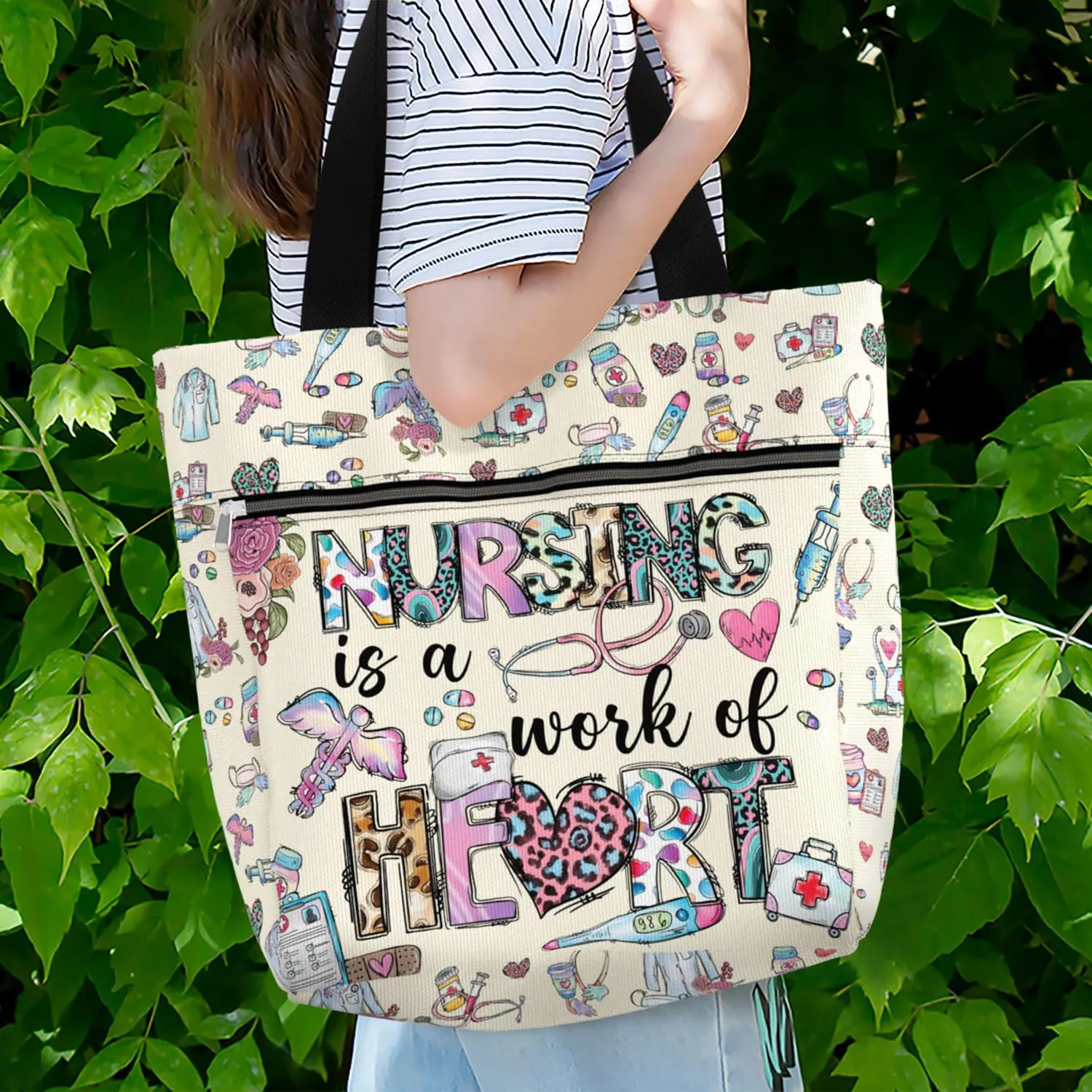 84hoods Large Waterproof Tote Bag with Pockets and Zipper for Work. Gift for Nurse. Shoulder Bag for Women.