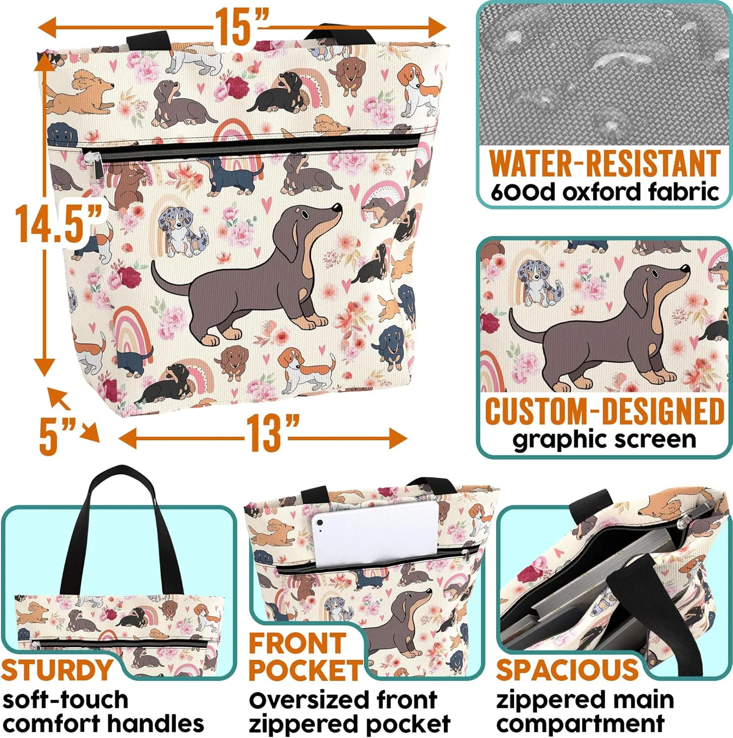 84hoods Large Waterproof Tote Bag with Pockets and Zipper for Work. Gift for Women Dachshund Lovers and Owners.