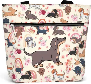 84hoods Large Waterproof Tote Bag with Pockets and Zipper for Work. Gift for Women Dachshund Lovers and Owners.