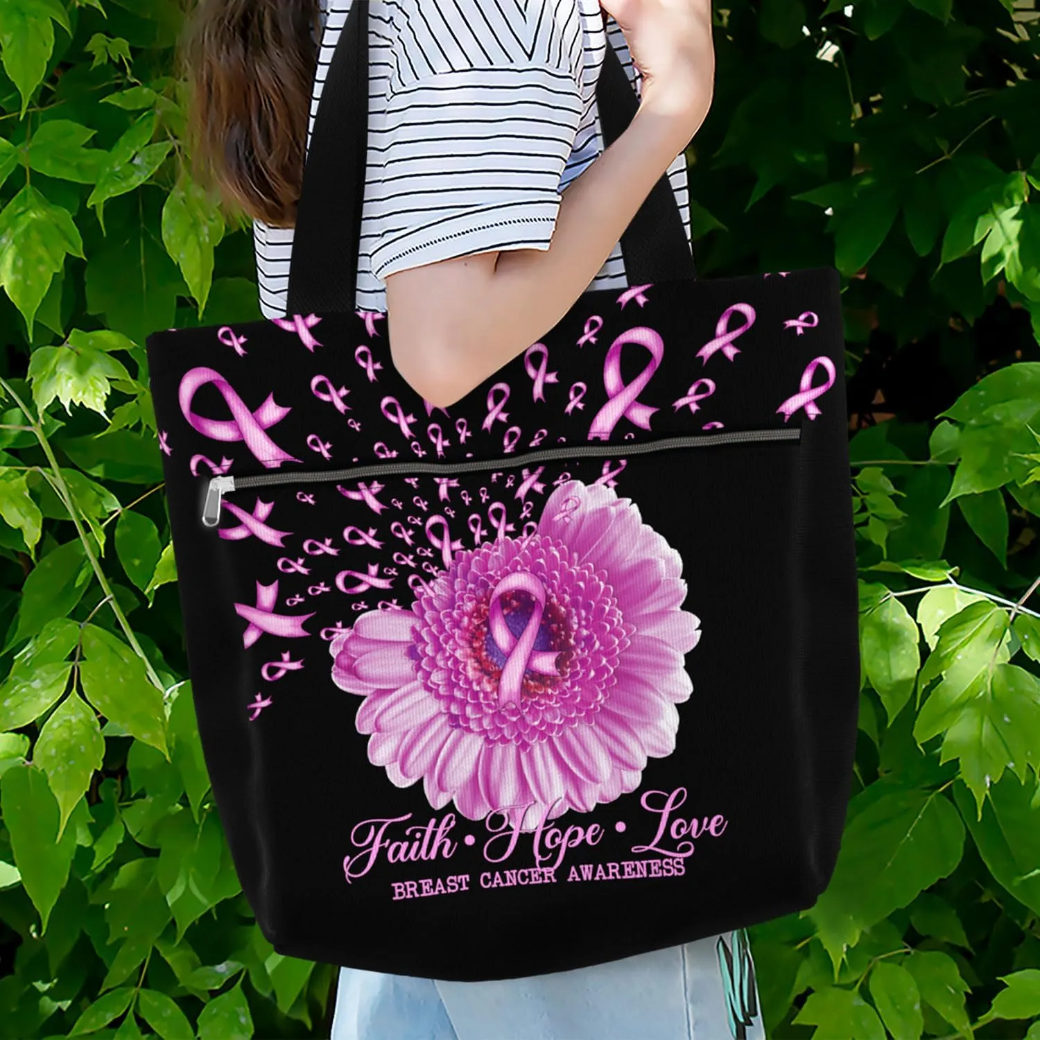 84hoods Waterproof Tote Bag with Pockets and Zipper for Work. Breast Cancer Awareness Gift for Survivors Fighters for Women.