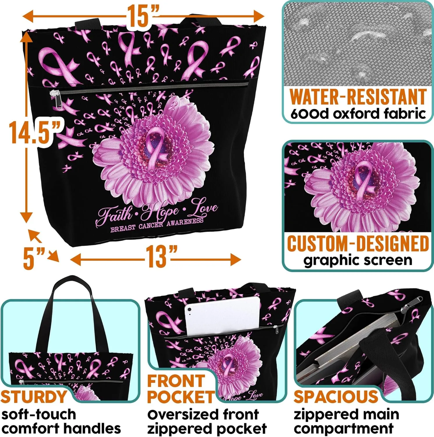84hoods Waterproof Tote Bag with Pockets and Zipper for Work. Breast Cancer Awareness Gift for Survivors Fighters for Women.