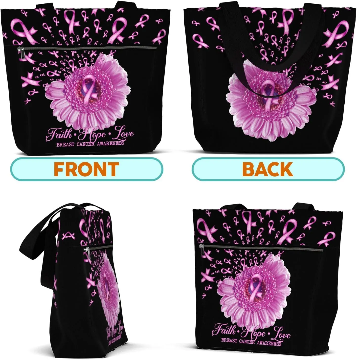 84hoods Waterproof Tote Bag with Pockets and Zipper for Work. Breast Cancer Awareness Gift for Survivors Fighters for Women.