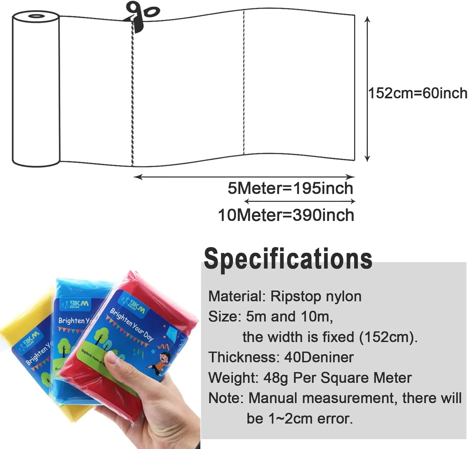 9KM DWLIFE Nylon Ripstop Fabric, Sky Blue 60x196 Inch, 40D Waterproof, Lightweight, Windproof, Bulk Fabric for Kite, Tent, Flag, Bag, Tarp Cover, Outdoor DIY Project