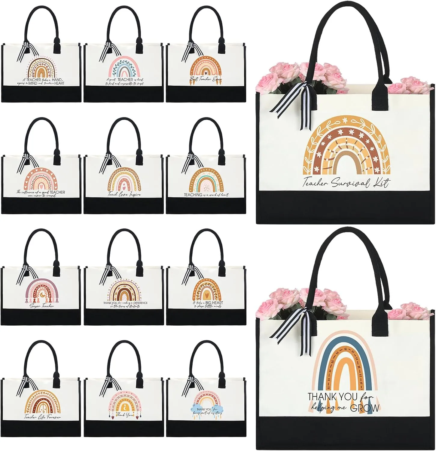 Abbylike 14 Pack Teacher Appreciation Gift in Bulk Teachers Day Gifts Rainbow Teacher Canvas Tote Bag Beach Bag Christmas Gifts for Women Teacher Professor Mentor, 17 x 11.8 Inches