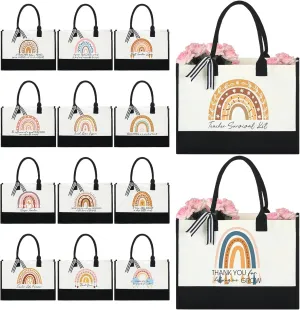 Abbylike 14 Pack Teacher Appreciation Gift in Bulk Teachers Day Gifts Rainbow Teacher Canvas Tote Bag Beach Bag Christmas Gifts for Women Teacher Professor Mentor, 17 x 11.8 Inches