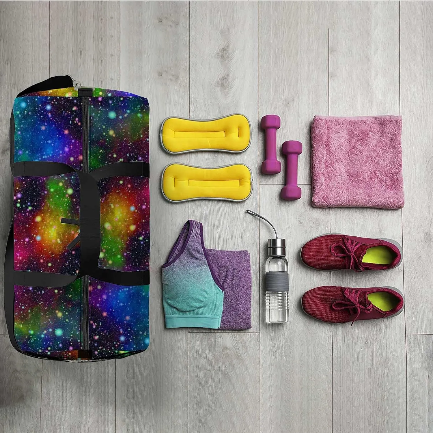 Abstract Bright Colorful Universe Sports Duffel Bag Travel Gym Tote Bags Lightweight Durable Shoulder Strap Waterproof Polyester Outside Mesh Pocket Overnight Trip Duffel Bag for Women Men