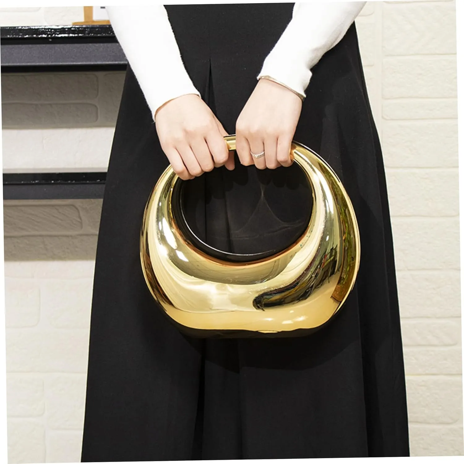 Acrylic Bag Mirror Gold Purses for Women Top-Handle Moon Bag with Detachable Shoulder Strap Elegant Party Banquet Evening