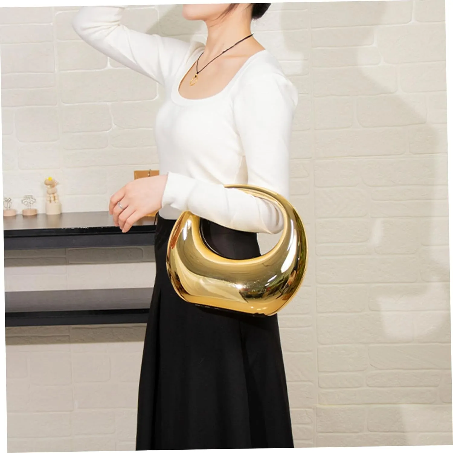 Acrylic Clutch Mirror Gold Clutch Purses for Women Lady Handbag Top-Handle Moon Bag with Detachable Shoulder Strap Elegant