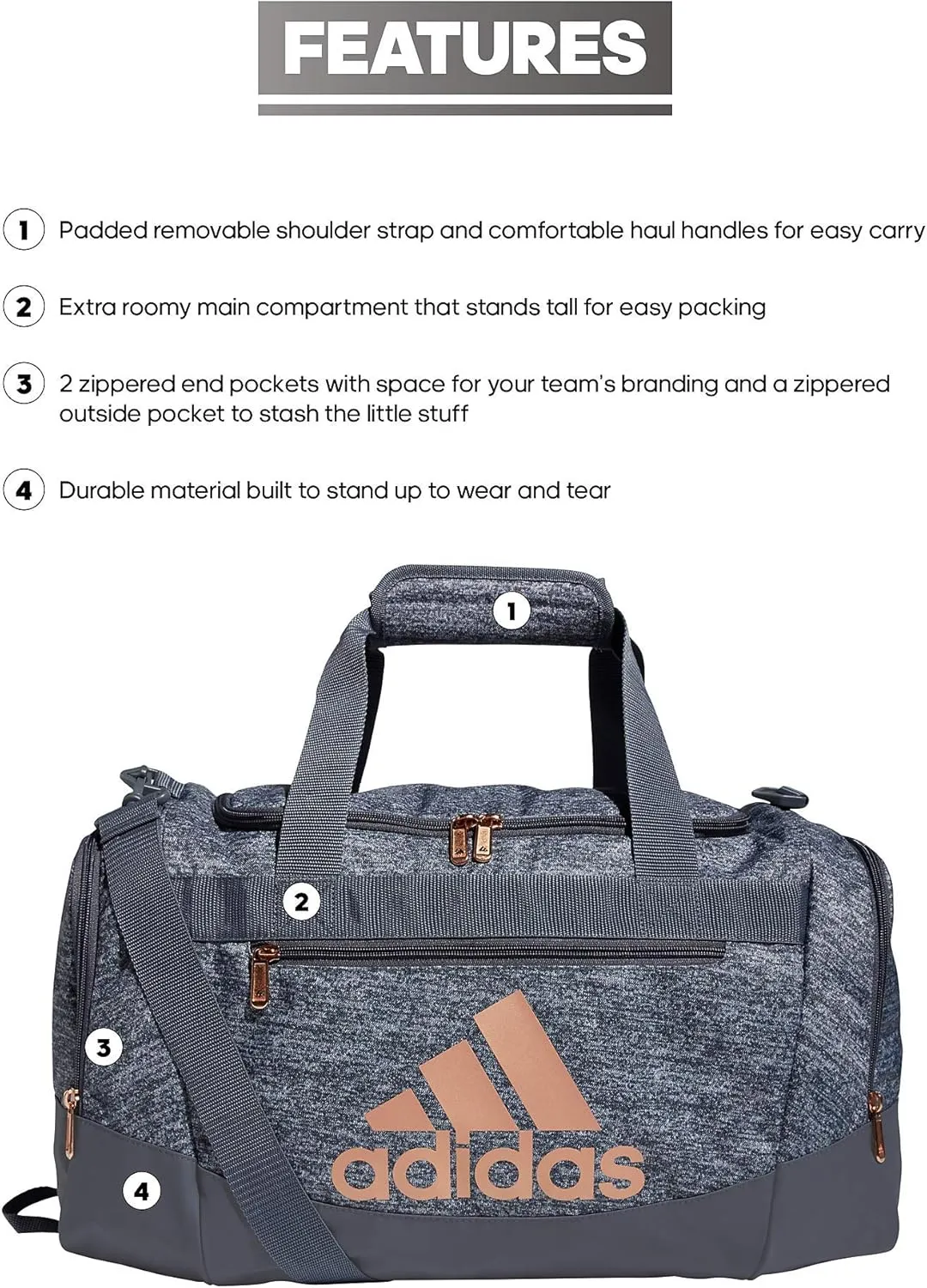 adidas Unisex Defender 4.0 Gym Duffel Bag for Men and Women, Jersey Onix Grey/Rose Gold/Onix Grey, Small (38L)