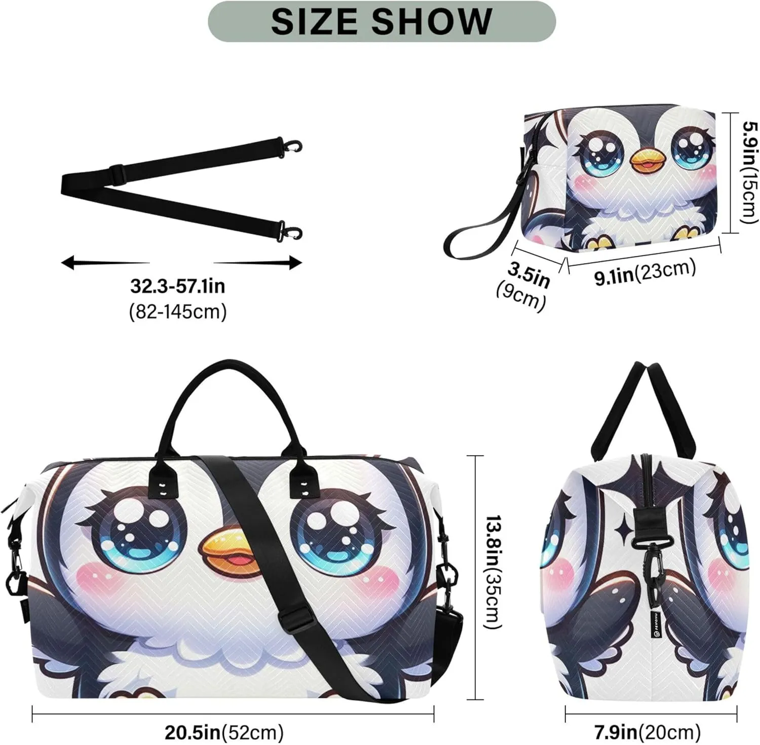 Adorable Penguin Cute Duffel Bag Womens Toiletry Bag Set of 2, Print Women Gym Tote Bags Weekender Travel Bag