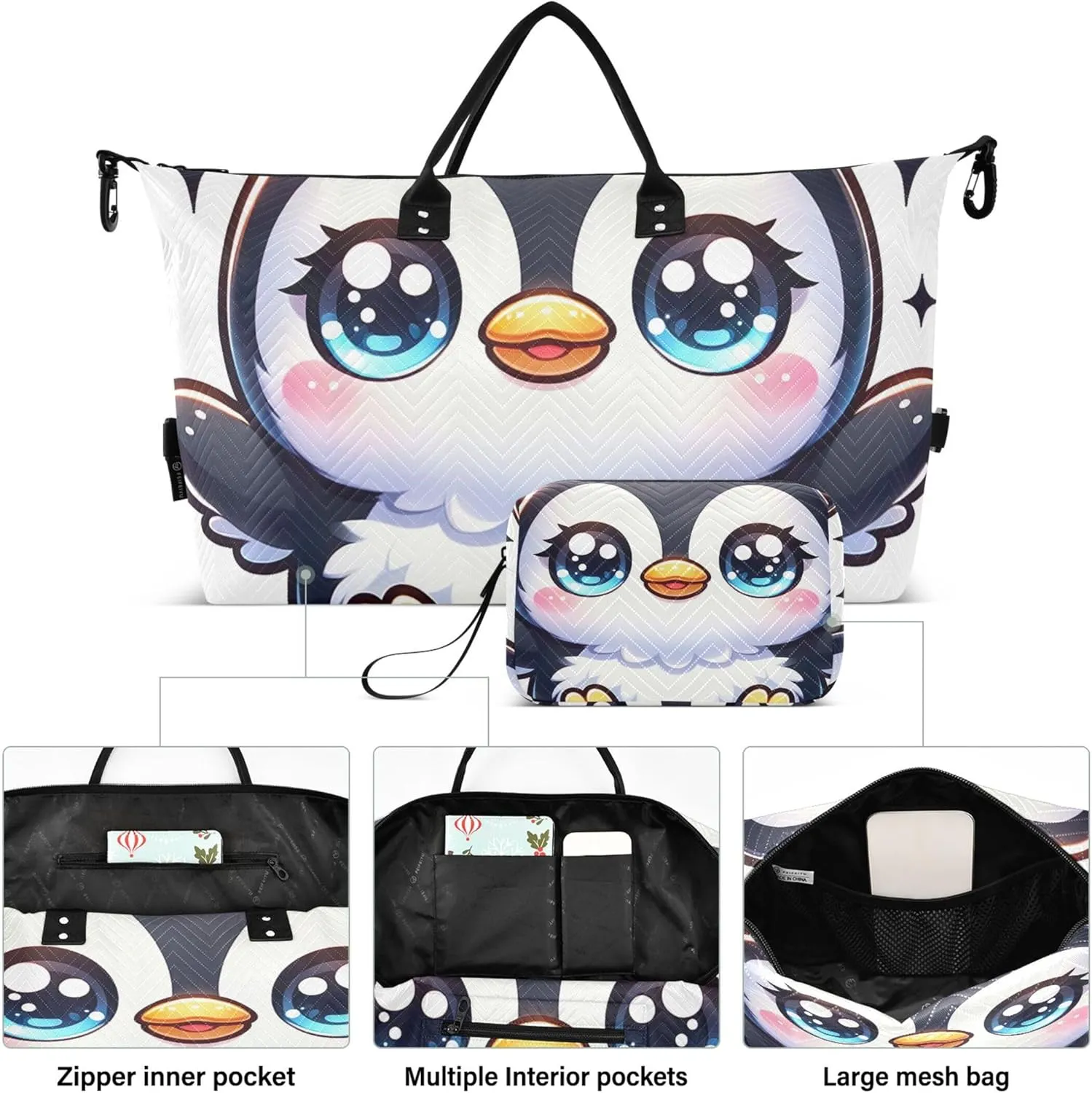 Adorable Penguin Cute Duffel Bag Womens Toiletry Bag Set of 2, Print Women Gym Tote Bags Weekender Travel Bag