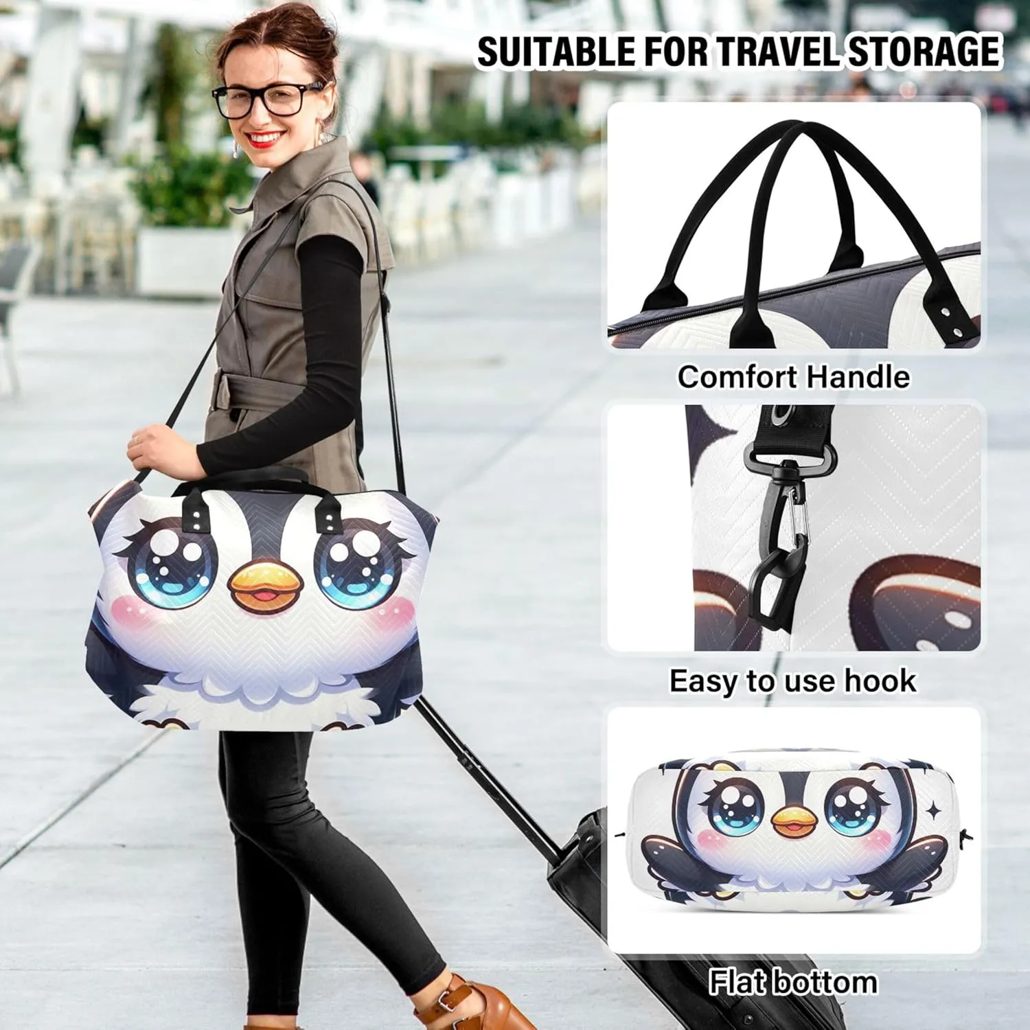 Adorable Penguin Cute Duffel Bag Womens Toiletry Bag Set of 2, Print Women Gym Tote Bags Weekender Travel Bag