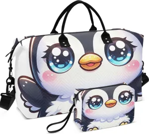 Adorable Penguin Cute Duffel Bag Womens Toiletry Bag Set of 2, Print Women Gym Tote Bags Weekender Travel Bag