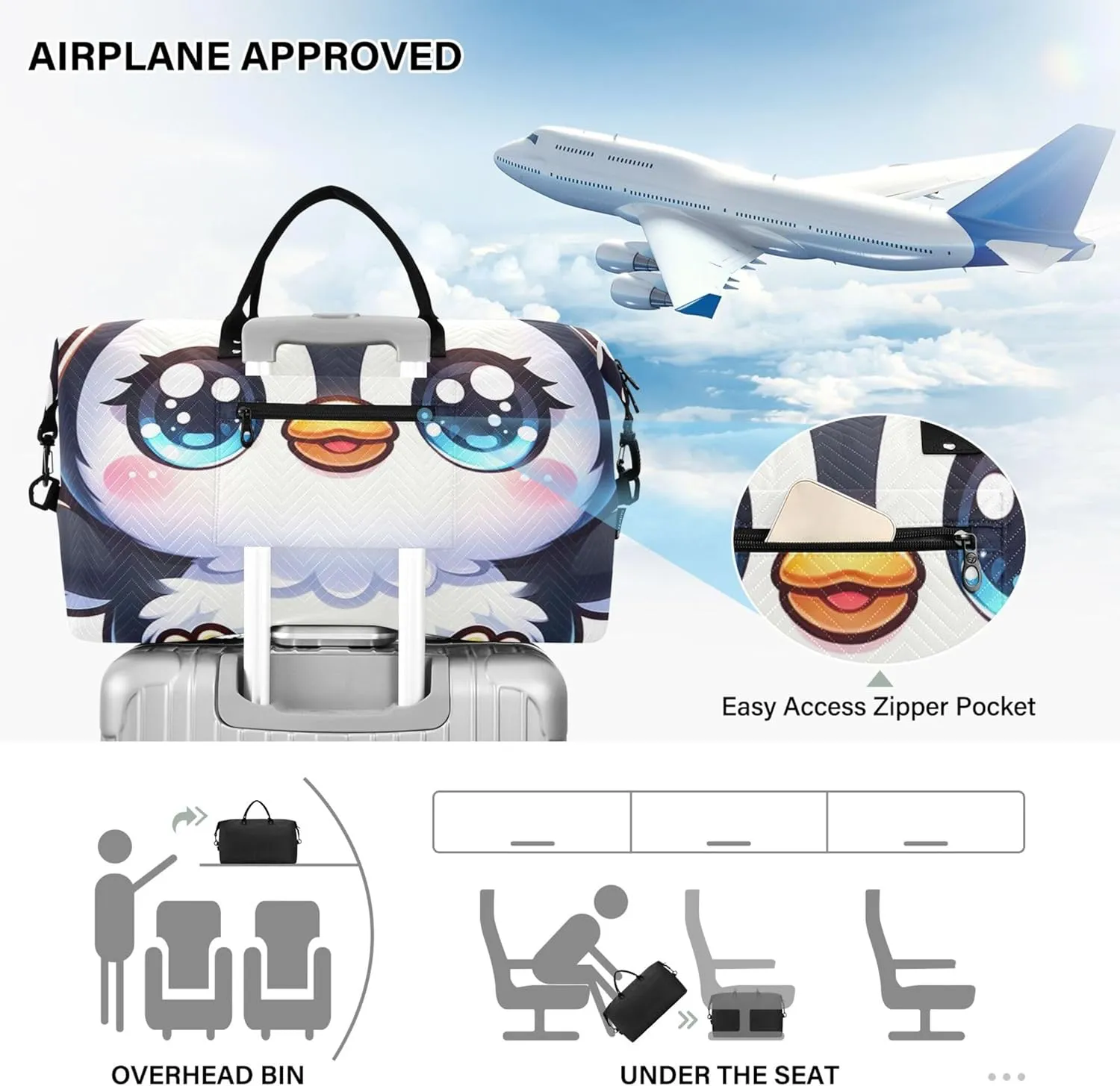 Adorable Penguin Cute Duffel Bag Womens Toiletry Bag Set of 2, Print Women Gym Tote Bags Weekender Travel Bag