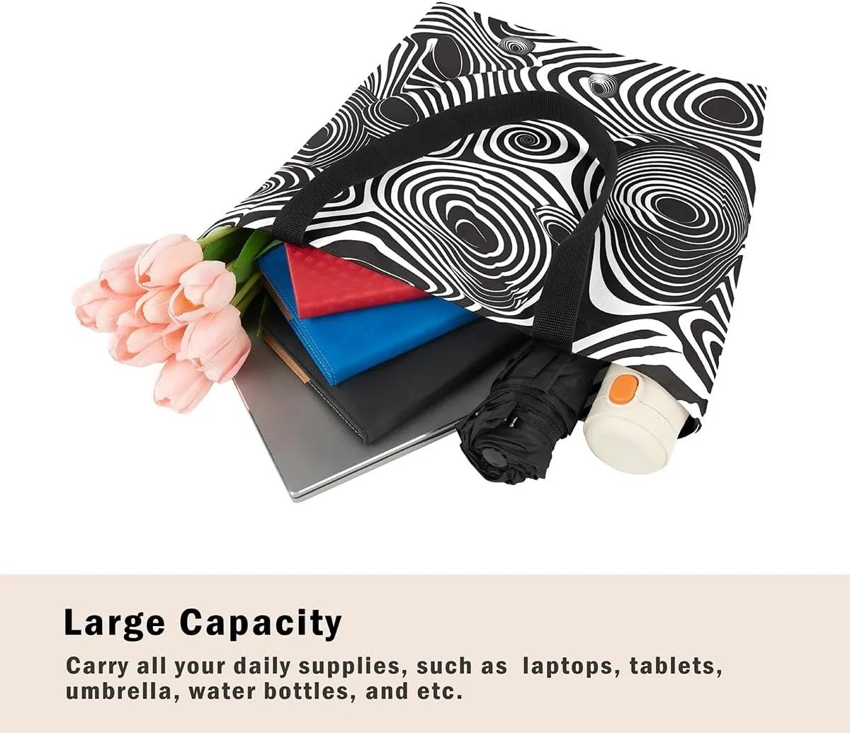 Aesthetic Canvas Tote Bag for Women,Black White Grid Reusable Grocery Handbag,Visual Abstraction Shopping Canvas Bags