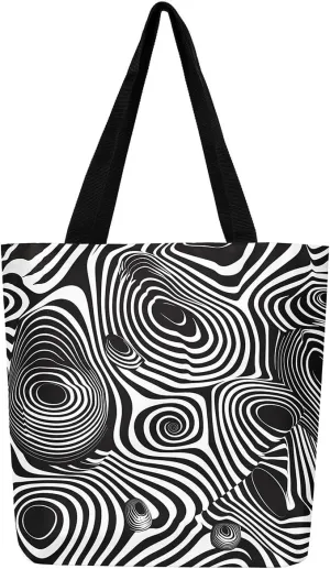 Aesthetic Canvas Tote Bag for Women,Black White Grid Reusable Grocery Handbag,Visual Abstraction Shopping Canvas Bags