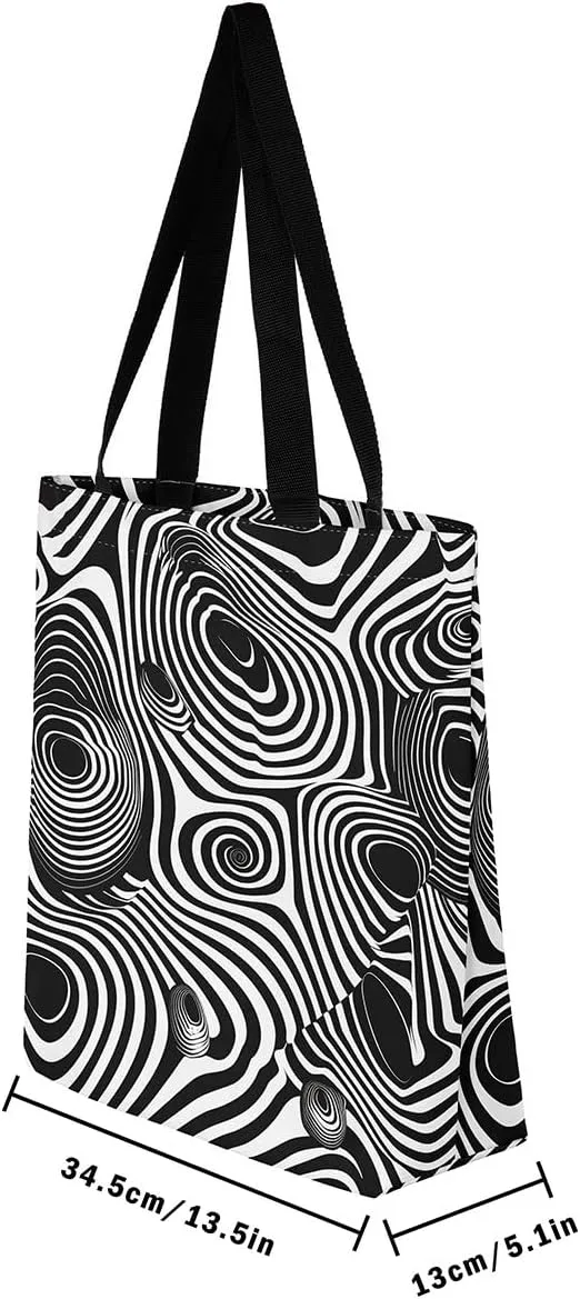 Aesthetic Canvas Tote Bag for Women,Black White Grid Reusable Grocery Handbag,Visual Abstraction Shopping Canvas Bags