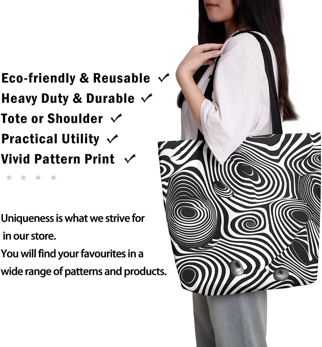 Aesthetic Canvas Tote Bag for Women,Black White Grid Reusable Grocery Handbag,Visual Abstraction Shopping Canvas Bags