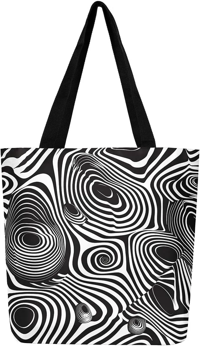Aesthetic Canvas Tote Bag for Women,Black White Grid Reusable Grocery Handbag,Visual Abstraction Shopping Canvas Bags