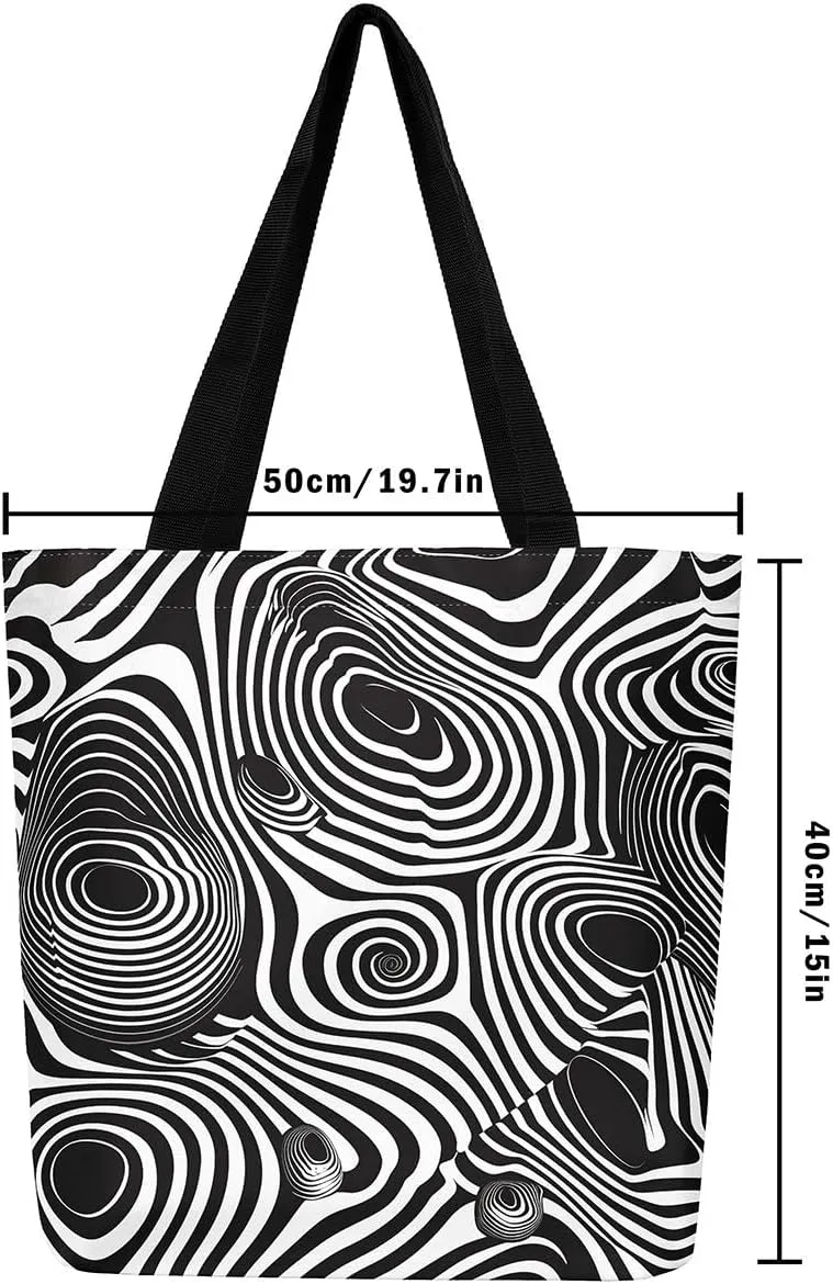 Aesthetic Canvas Tote Bag for Women,Black White Grid Reusable Grocery Handbag,Visual Abstraction Shopping Canvas Bags