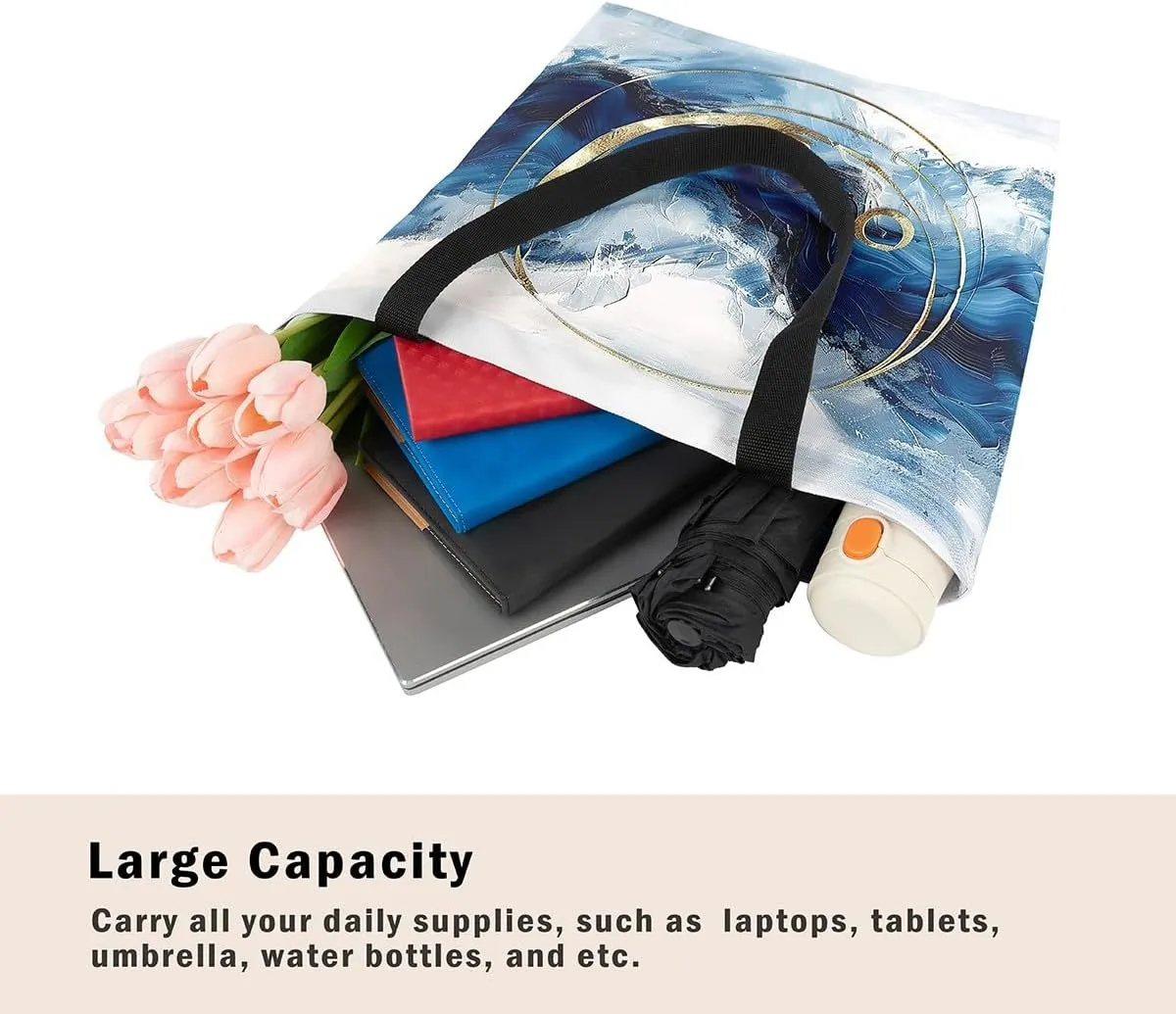 Aesthetic Canvas Tote Bag for Women,Blue Marble Reusable Grocery Handbag,Modern Abstract Shopping Canvas Bags