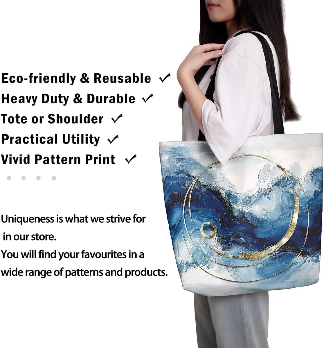 Aesthetic Canvas Tote Bag for Women,Blue Marble Reusable Grocery Handbag,Modern Abstract Shopping Canvas Bags