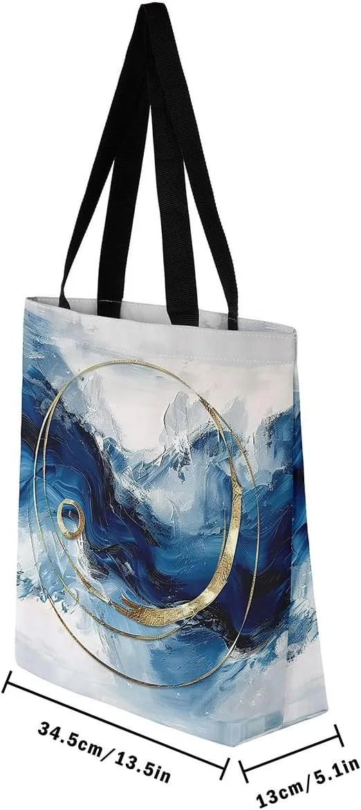 Aesthetic Canvas Tote Bag for Women,Blue Marble Reusable Grocery Handbag,Modern Abstract Shopping Canvas Bags