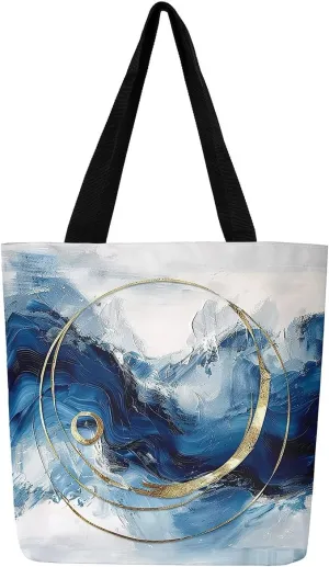 Aesthetic Canvas Tote Bag for Women,Blue Marble Reusable Grocery Handbag,Modern Abstract Shopping Canvas Bags