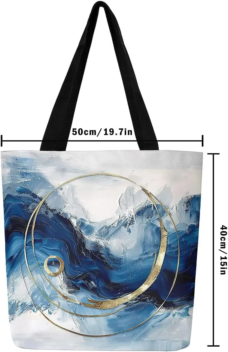 Aesthetic Canvas Tote Bag for Women,Blue Marble Reusable Grocery Handbag,Modern Abstract Shopping Canvas Bags