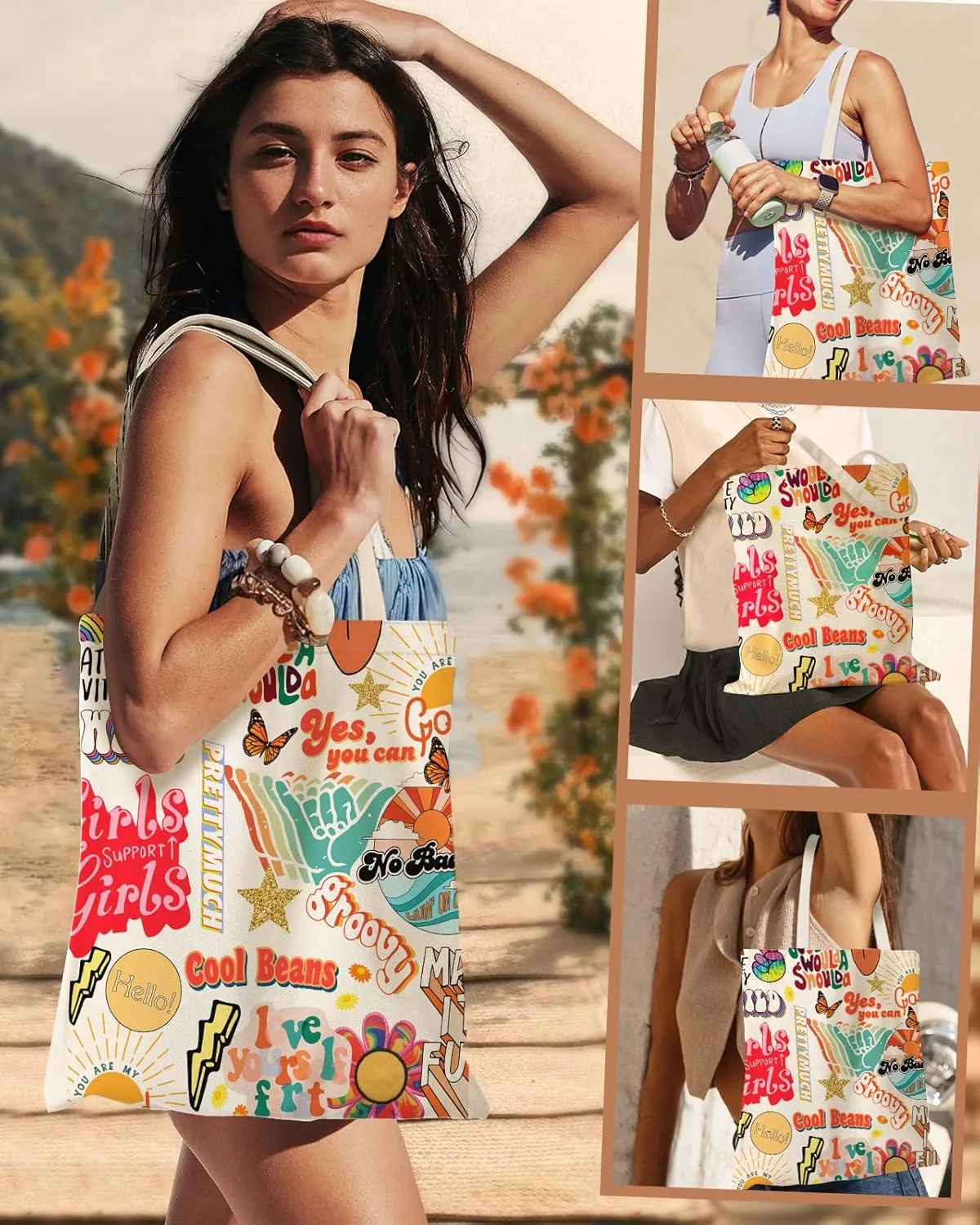 Aesthetic Canvas Tote Bag - Reusable Shoulder Tote Bag for Women Lady Casual Vacation, Shopping, Work, Gym