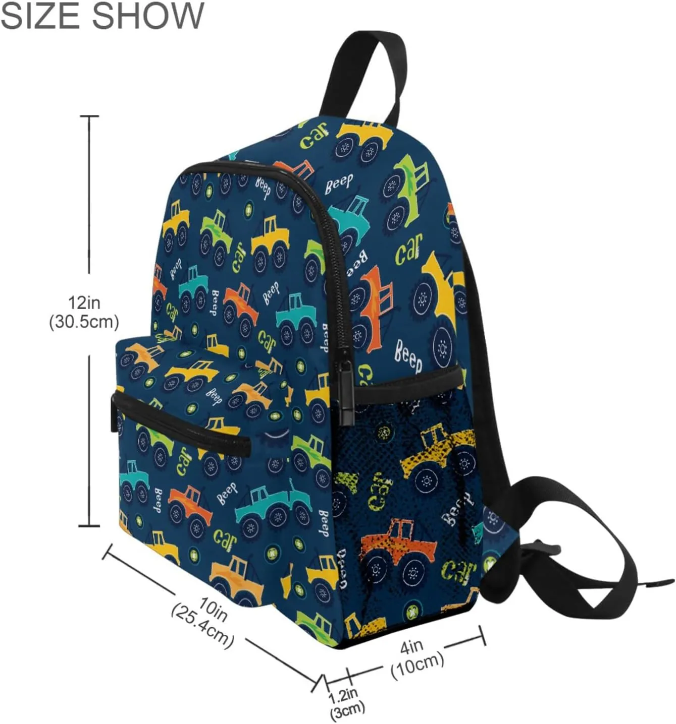 Aflyko Kids Backpack Beep Car Off Road Cartoon Daycare Kindergarten Daypack Toddler Travel Girls Boys Waterproof Preschool Bag 10" × 4" × 12"