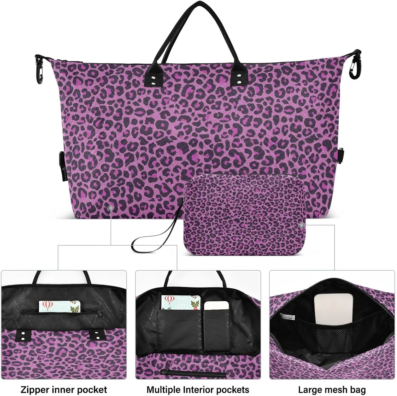 Aflyko Travel Duffel Bag Pink Leopard Print Sport Tote Gym Bag Weekender Overnight Bag for Men Women Flight Approved Carry On Bag Fitness Dance Go-To Bag Daily Bag, Medium