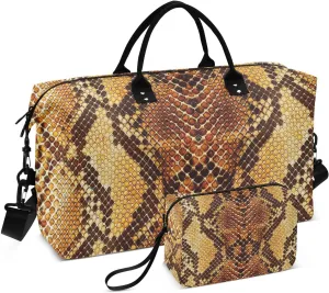 Aflyko Travel Duffel Bag Snake Skin Pattern Brown Sport Tote Gym Bag Weekender Overnight Bag for Men Women Flight Approved Carry On Bag Fitness Dance Go-To Bag Daily Bag