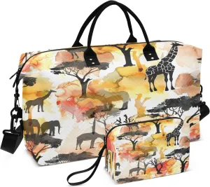 African Animals Silhouettes Travel Duffel Bags with Toiletry Bag for Travel Gym Yoga Weekender Bag