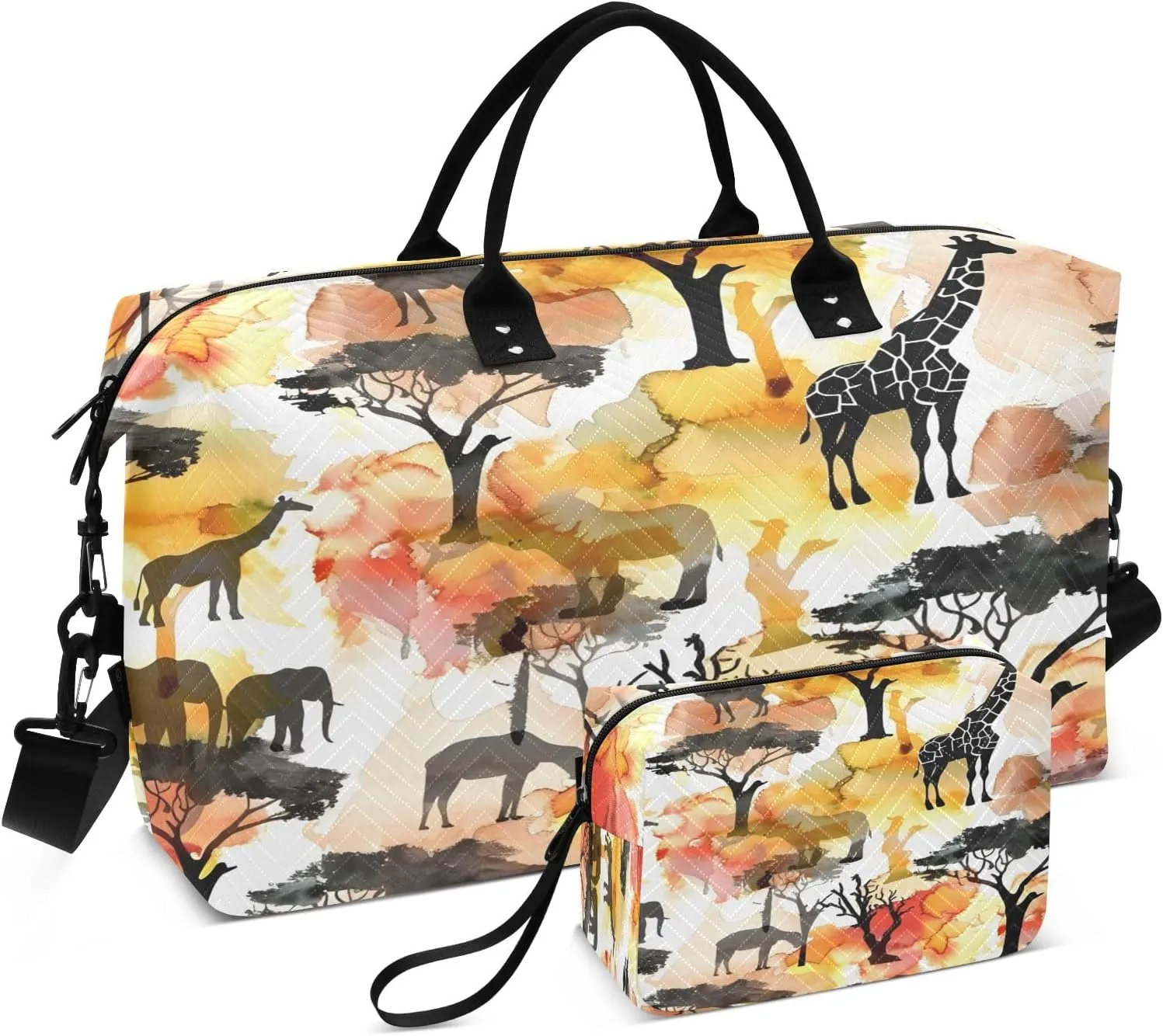 African Animals Silhouettes Travel Duffel Bags with Toiletry Bag for Travel Gym Yoga Weekender Bag