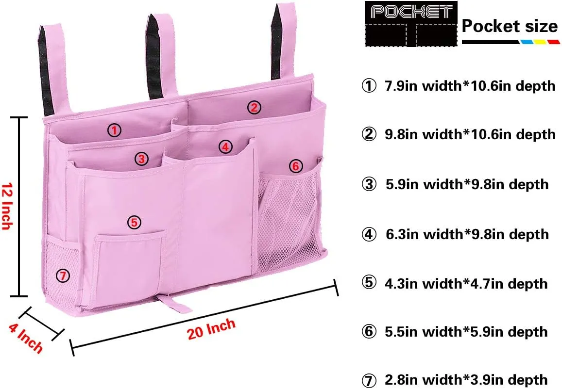 Aiduy Bedside Caddy, Bedside Storage Organizer Hanging Pocket for Bunk Dorm Rooms Hospital Bed Rails and Camp, Pink