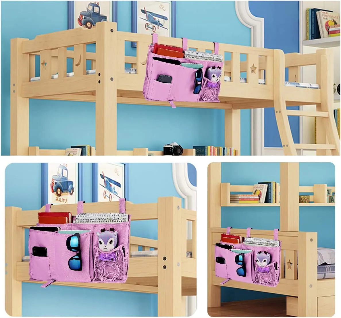 Aiduy Bedside Caddy, Bedside Storage Organizer Hanging Pocket for Bunk Dorm Rooms Hospital Bed Rails and Camp, Pink