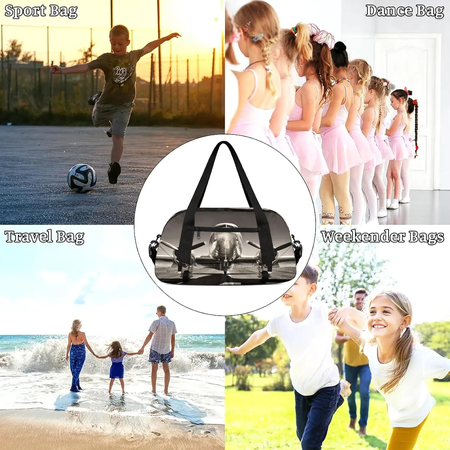 Airplane Pattern Kids Duffel Bag Lightweight Waterproof Sports Gym Bag with Front Zipper Pocket Foldable Weekender Overnight Bag for School Practice Gymnastic Ballet