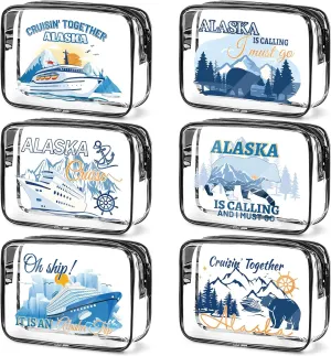 Alaska Cruise Essentials, 6Pcs Clear Alaska Cruise Makeup Bags, Waterproof PVC Cosmetic Bag with Zipper Pouch, Alaskan Travel Must Haves, Alask Cruising Souvenirs Gifts for Women Girls