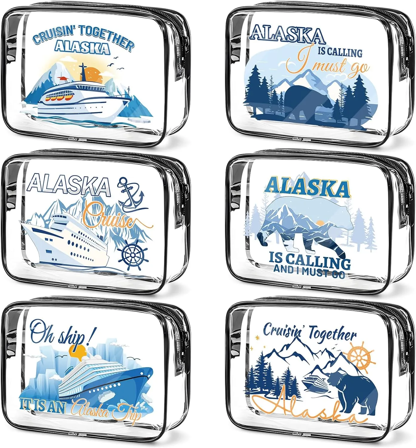 Alaska Cruise Essentials, 6Pcs Clear Alaska Cruise Makeup Bags, Waterproof PVC Cosmetic Bag with Zipper Pouch, Alaskan Travel Must Haves, Alask Cruising Souvenirs Gifts for Women Girls