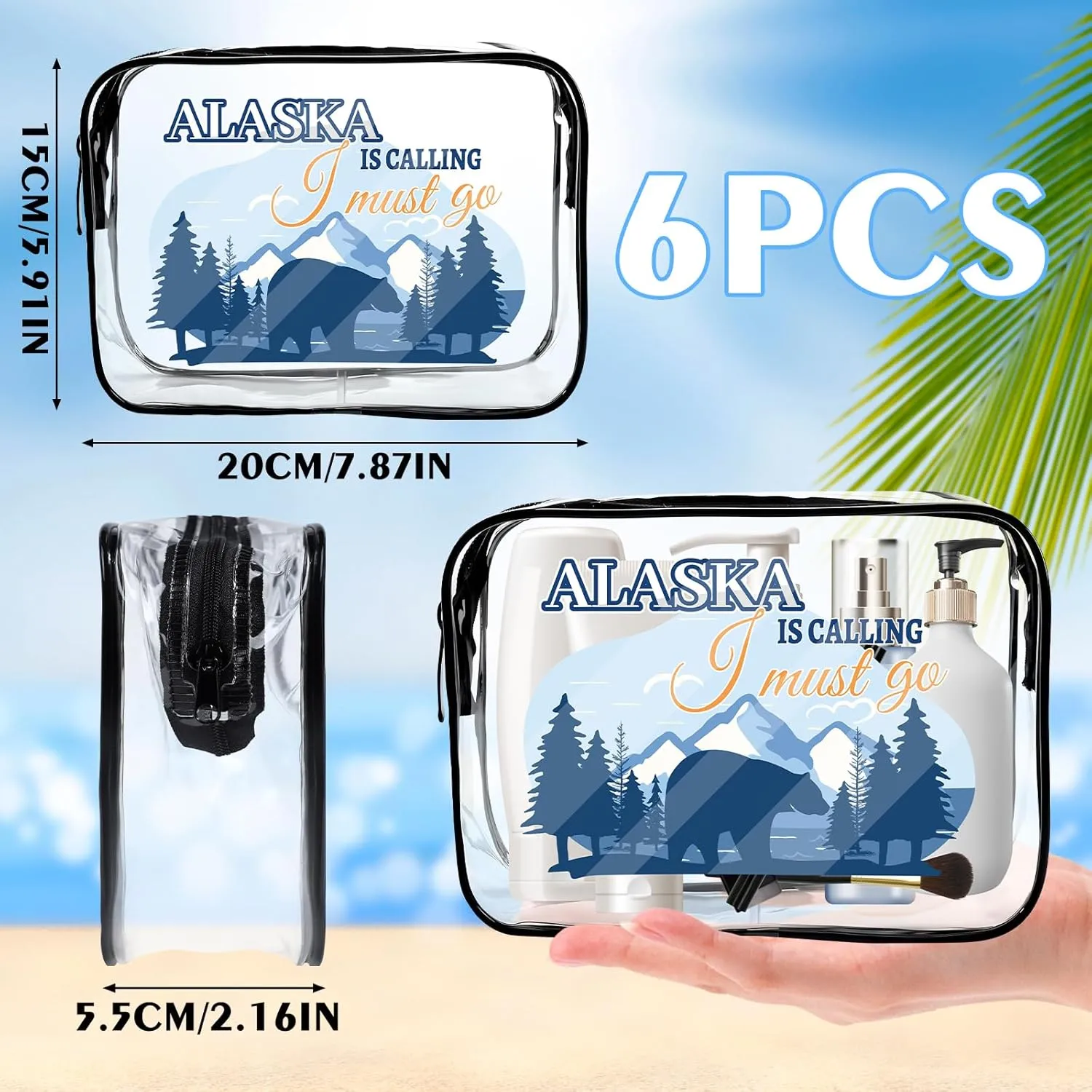 Alaska Cruise Essentials, 6Pcs Clear Alaska Cruise Makeup Bags, Waterproof PVC Cosmetic Bag with Zipper Pouch, Alaskan Travel Must Haves, Alask Cruising Souvenirs Gifts for Women Girls